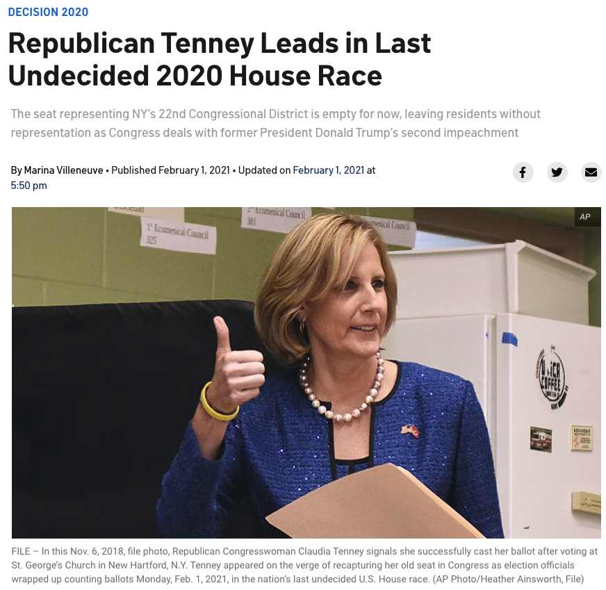 Republican Tenney Leads in Last Undecided 2020 House Race